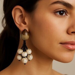 Seed and Bean Earrings Tan White Wire pierced